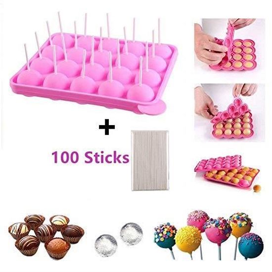 Moule à Cake Pops En Silicone - 20 Bâtonnets Inclus - Pour Cupcakes, Chocolats, Sucettes - Idéal Fêtes, Anniversaires, DIY