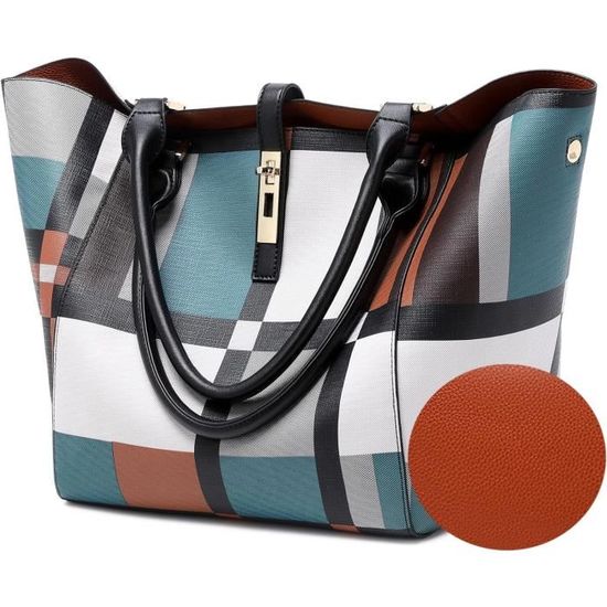 FOLOVEYA Sac à Main Femme Élégant Fourre-Tout Carreaux Bleu Marine - Sac Bandoulière Cuir PU Mode Travail Voyage Shopping