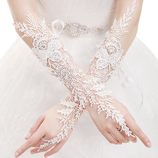 Mitaine Gants de Mariee en Dentelle Exquis Decor Faux Diamants Tulle Blanc Strass Paillettes Accessoire Mariage Fete Soiree Opera Blanc Cdiscount Pret a Porter