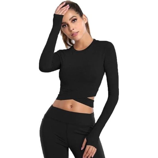 T Shirt de Sport Femme Manches Longues Haut Court Croise Yoga Pilate Fitness Running Noir Noir Cdiscount Sport