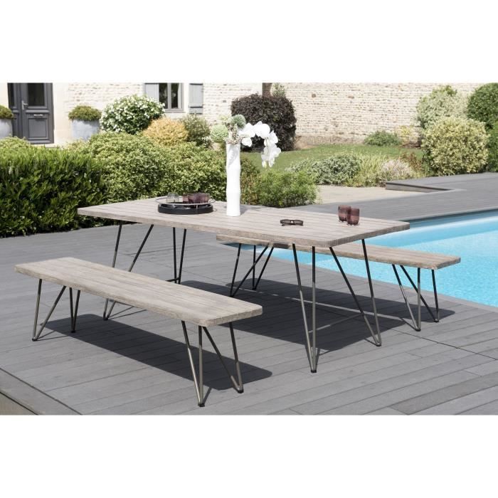 Ensemble de jardin en teck : 1 table à manger pieds scandinaves - 2 bancs pieds scandinaves JARDITECK