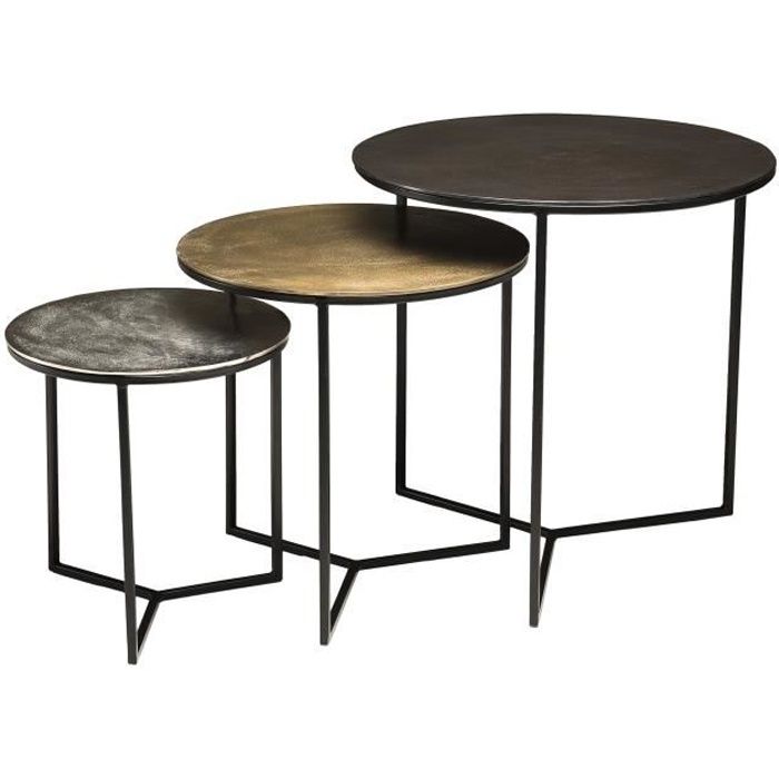 macabane jonas - set de 3 tables gigognes rondes aluminium noir doré argenté - pieds métal noir