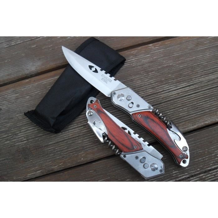 Couteau De Secours Multifonctions Lame Acier 10 Cm Manche Bois 12 Cm Outdoor