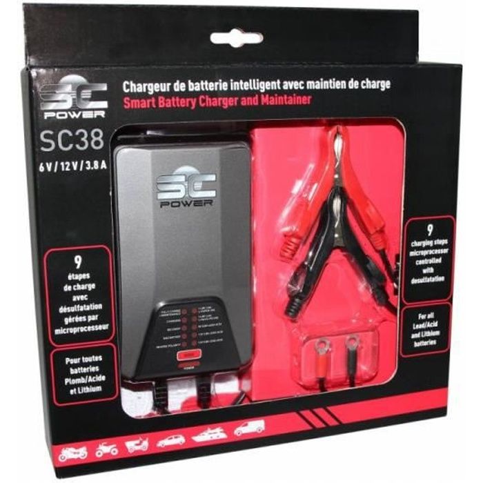 Chargeur de batterie et maintien de charge sc power sc38 automatique 6-12v + comptatible batterie lithium courant de sortie 0