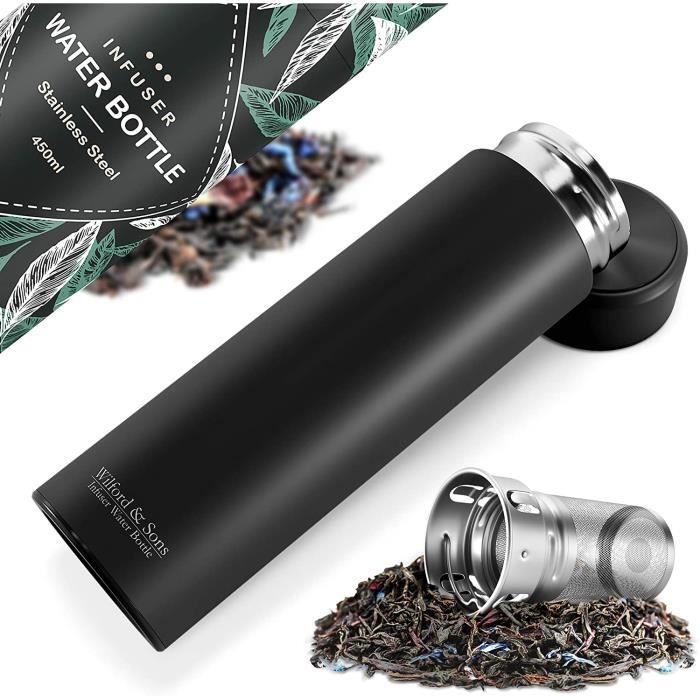 Bouteille d’eau isotherme à infusion thé & fruits + infuseur à fruit + passoire thé sans BPA - Thermos 450ml en acier inoxydable iso