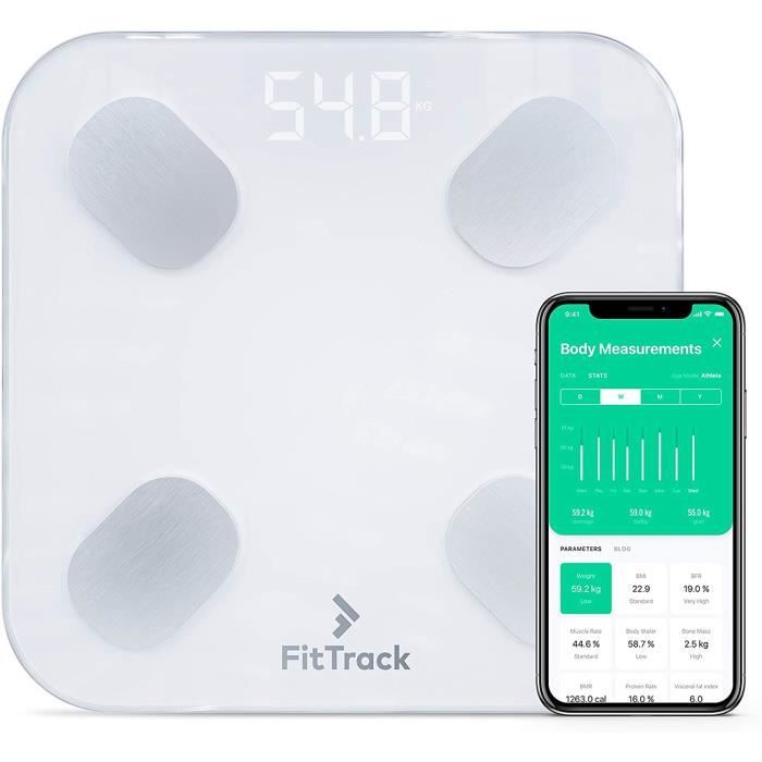 FitTrack Pèse-Personne Impédancemètre Dara - 17 Indicateurs de Santé -% de Gras, Muscle, Eau, Masse Osseuse, Métabolisme Basal, Form