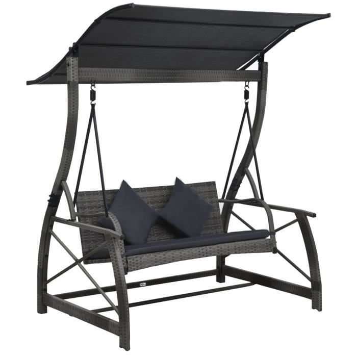 Balancelle de jardin confort Fauteuil Suspendu 2-3 Places - avec auvent Résine tressée Gris