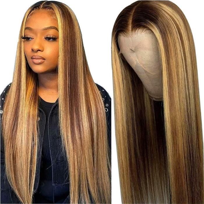 PERRUQUE Perruques de Cheveux Humains Avant en Dentelle Brun Moyen, Bandeau en Surbrillance Perruque de Cheveux Humains Droite, 978