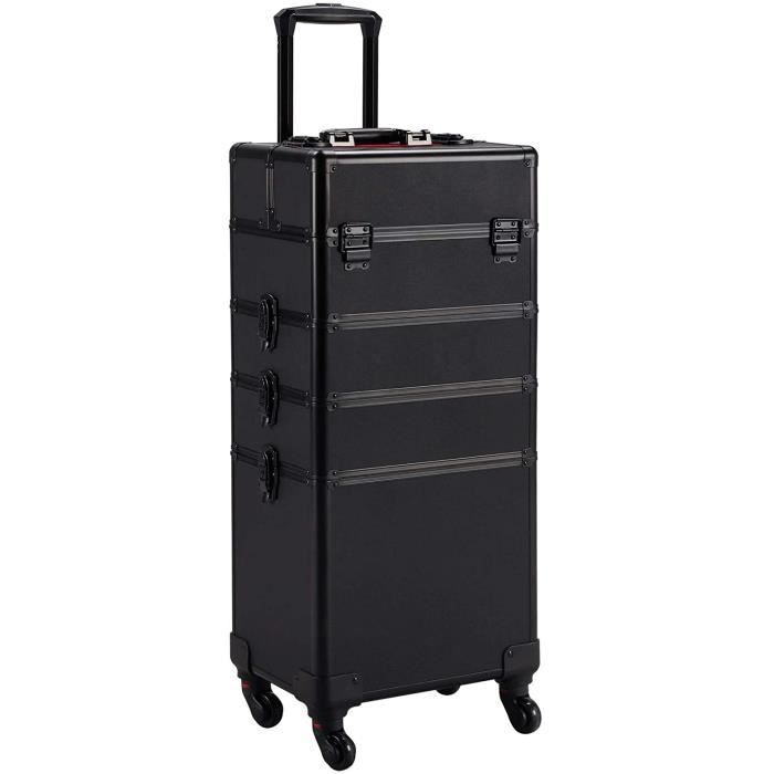 Coffret maquillage quillage à Roulettes 4 en 1 Ca e Aluminium Mallette Mauillage Professionnelle Bijoux Cosmétique Noir A41