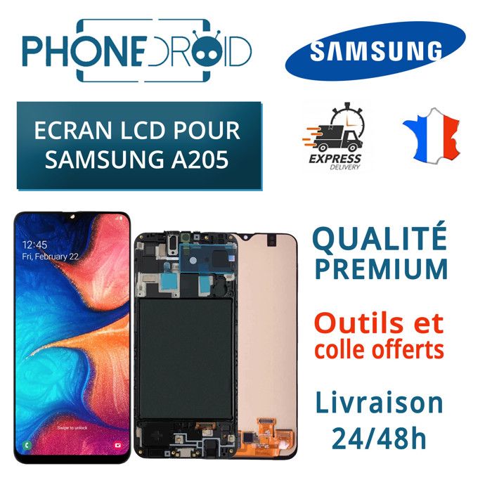 Écran complet LCD + Tactile Samsung A20 (A205) avec châssis + Outils, stock FR
