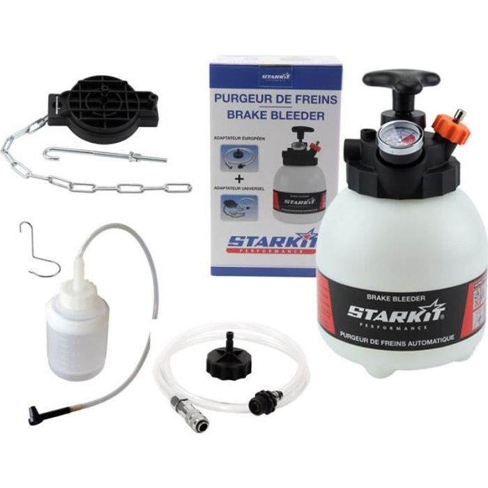 Purgeur de frein + bouteille de récupération liquide de frein (3 litres) avec adaptateurs multimarques. Purgeur liquide de frein