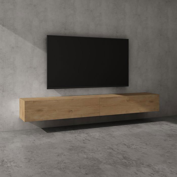 Sogood Meuble TV Bas 240 cm Armoire TV Marron Clair Table de Télévision Salon avec Portes Meuble TV Suspendu MBTV02
