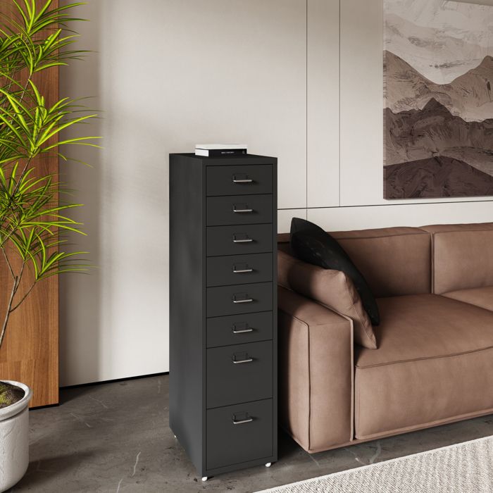 Caisson de bureau Kökar à roulettes avec 8 tiroirs 109 x 28 x 41 cm noir