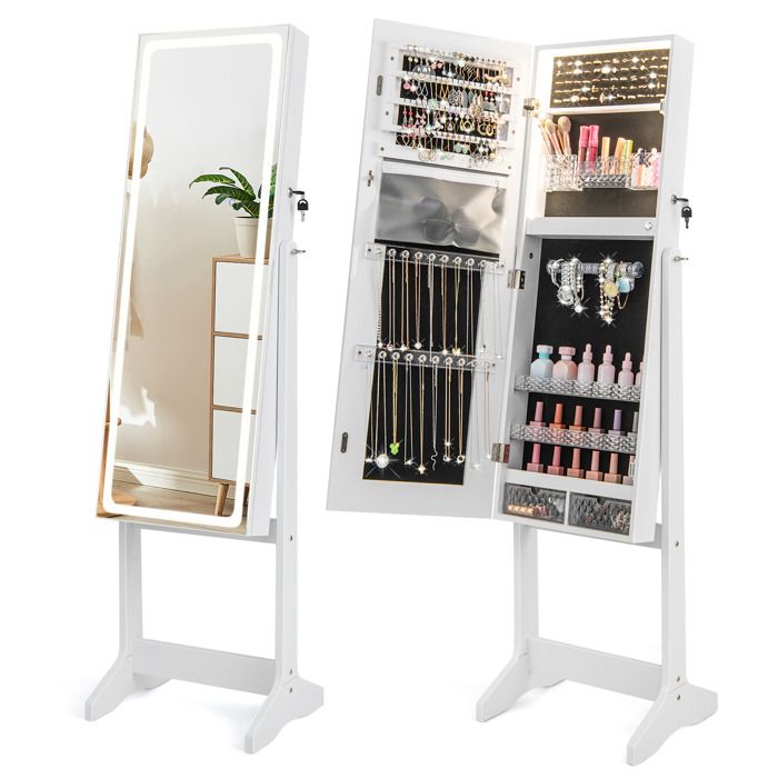 GOPLUS Armoire à Bijoux sur Pied avec Lumières LED Réglable et 3 Angles dInclinaison-Miroir Pleine Longueur Sans Cadre Blanc