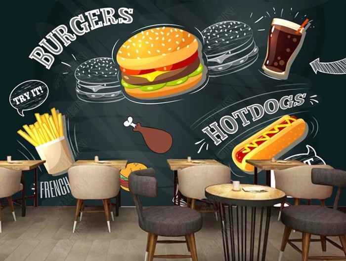 Restaurant De Restauration Rapide Burger Restaurant Papier Peint 3D Restaurant Chambre Salon Canapé TV Mur Décoratif - 300x210cm