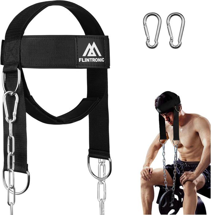 Harnais Musculation Cou Flintronic – Réglable, Rembourrage Néoprène, 4 Anneaux En D, Chaîne 82cm, Pour MMA, Boxe, Foot