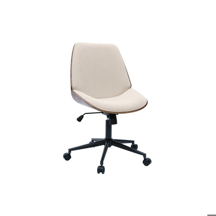 Miliboo - Chaise de bureau à roulettes en bois et tissu effet velours texturé beige DOUGLAS