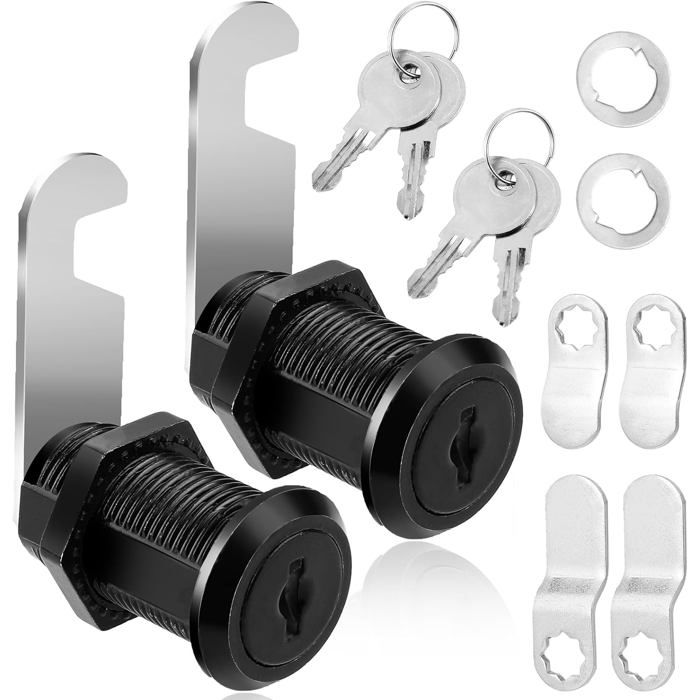 Lot de 2 serrures noires pour boîtes aux lettres tiroirs et armoires avec 4 clés 38 cm différentes plaques de verrouillage