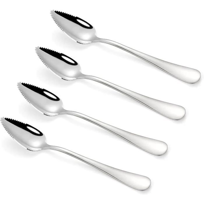4 cuillères à pamplemousse en acier inoxydable avec bord dentelé idéales pour les pommes et les kiwis.Sac de rangement
