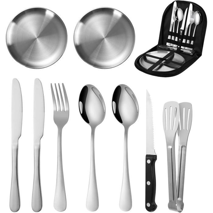 Kit Voyage Couverts De Camping 4 Pièces Highlander - Couteau, Fourchette, Cuillère, Ouvre-Boîte - Style Militaire Acier Inox - Compact Couverts Nomades Acier Inoxydable