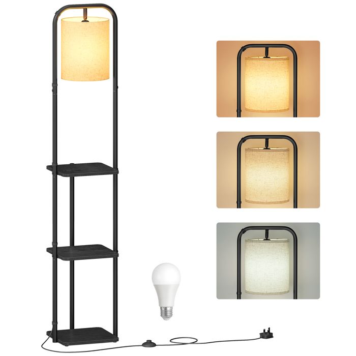 Lampadaire sur pied - VASAGLE - 3 étagères - LED incluse - Abat-jour orientable - Noir dencre