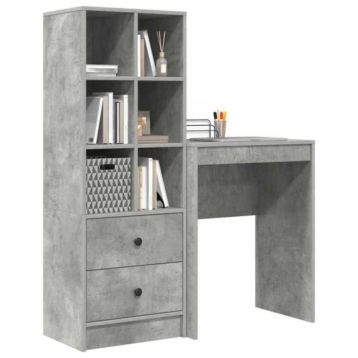 Bureau avec rangement - vidaXL - Gris béton - Bois dingénierie - 45 5x34x127 cm - 6 étagères - Avec tiroir