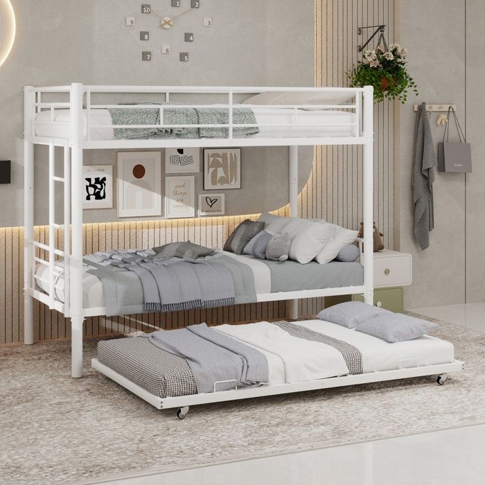 Lit Superposé 90x190 cm - en Métal- Séparable en 2 Lits Simples - Structure Robuste - Barrières de Sécurité Haute - Blanc