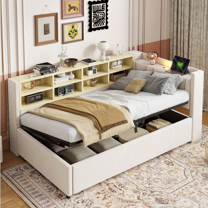 MEUBLIV Lit banquette coffre 90x200cm avec veilleuse compartiments de rangement USB et Type-C velours beige