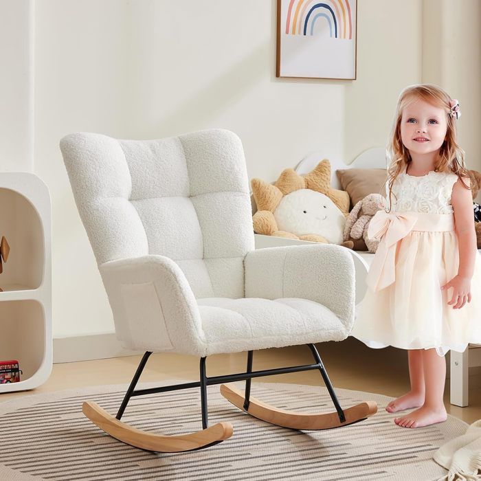 Fauteuil a BasculeRocking ChairFauteuils de SalonChaise à Bascule Relaxant Structure en Acier Pieds en Bois MassifBeige