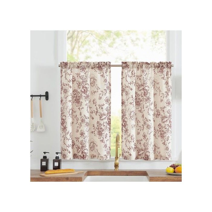 Rideaux courts en lin floral - Motif floral oriental - Rouge brique sur beige - Style café - Dimensions 66x91 cm