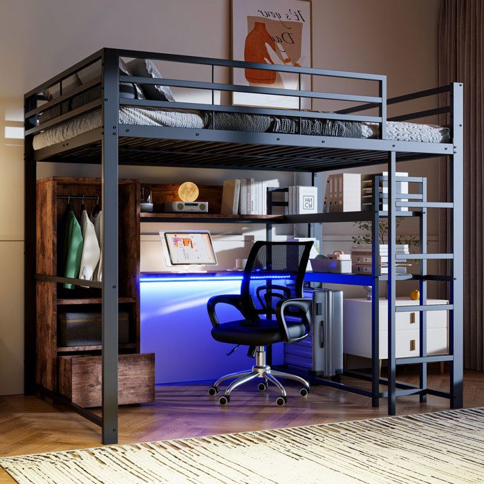 lit mezzanine 140x200 rangement bureau LED métal MDF avec tiroir étagères et garde corps pour chambre EVRYAE