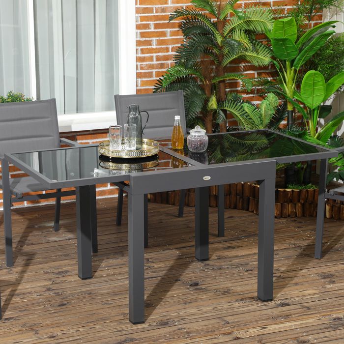 Table de jardin rectangulaire extensible en aluminium 80-160 x 80 x 75 cm plateau en verre trempé noir