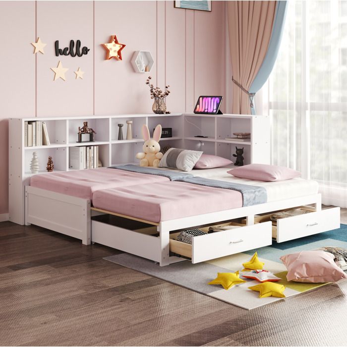 Lit gigogne multifonction 90x190/180x190 en bois blanc avec rangements 2 tiroirs prise intégrée et sommier