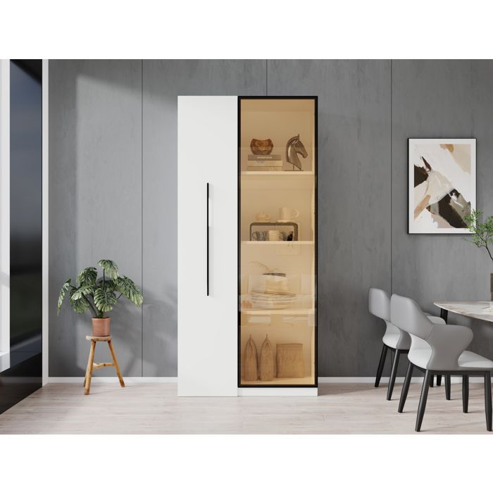 Modenuit Vitrine bibliothèque 70x40x160 cm avec rangement latéral coulissant LED verre trempé et MDF blanc