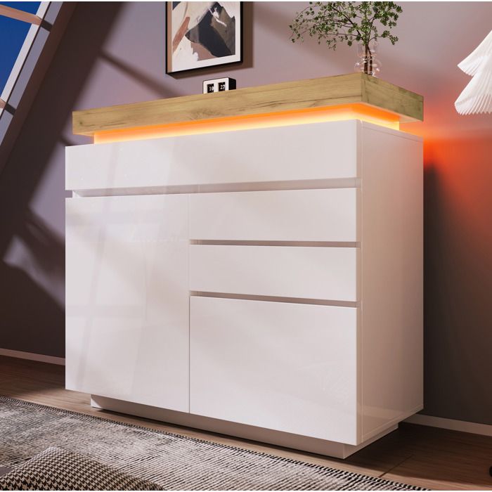 Buffet haut blanc brillant 110 x 39 x 115 cm avec 2 portes 3 tiroirs et éclairage LED contrôlé par application