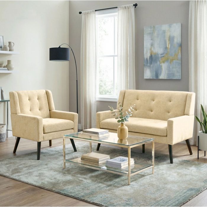 WOVREO Ensemble canape 2 pieces beige fauteuil simple et double capitonne tissu pieds en bois massif