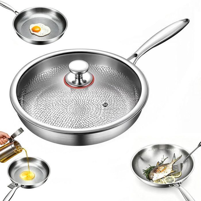 Poêle à frire antiadhésive en alliage de titane Poele 30cm avec Couvercle Chauffe Uniforme pour gaz induction céramique etc