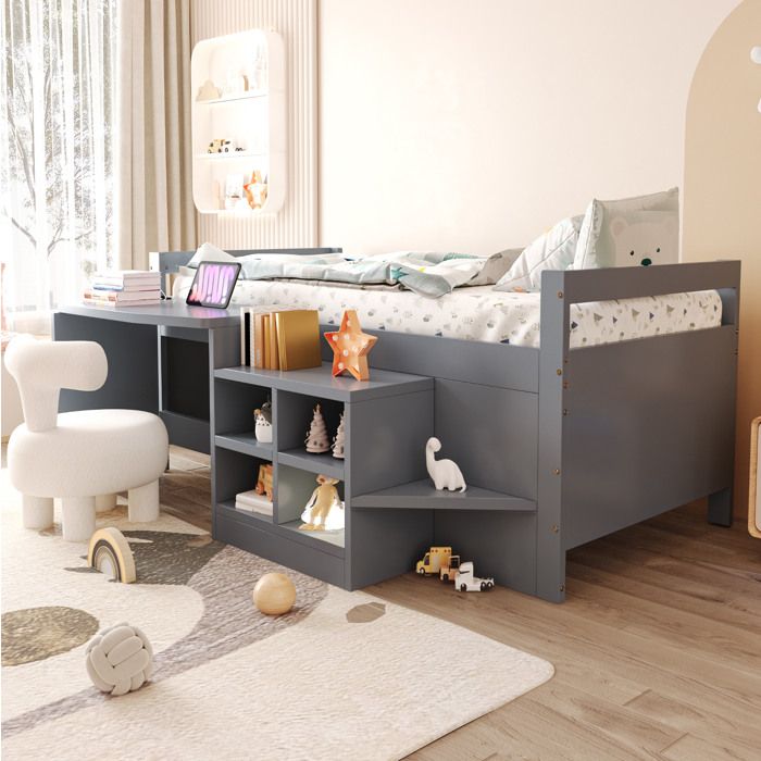 Lit mezzanine enfant 90×200 cm avec bureau rangements 2 USB et prise - MEUNIQ - sans matelas bois gris