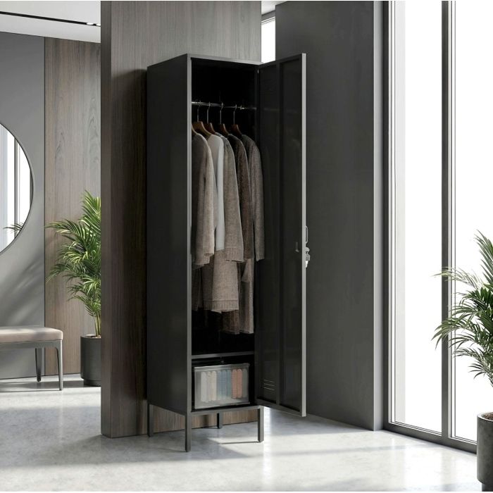 Armoire Metallique Noire 1 Porte Vestiaire Acier FloraGrace Pour Chambre Ou Bureau Tringle Et Rangement 40x40x179cm