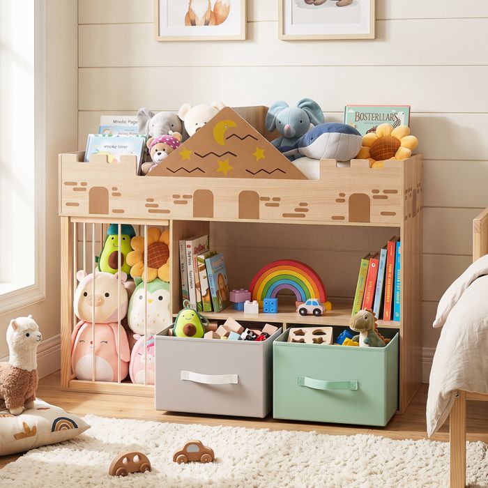 Bibliothèque Enfant Château-COSTWAY-Étagères Livres 2 Tiroirs Tissu Compartiments Ouverts Meuble Rangement Jouets Bois 3 Ans Bibliothèque Enfant Château-COSTWAY-Étagères Livres 2 Tiroirs Tissu Compartiments Ouverts Meuble Rangement Jouets Bois 3 Ans