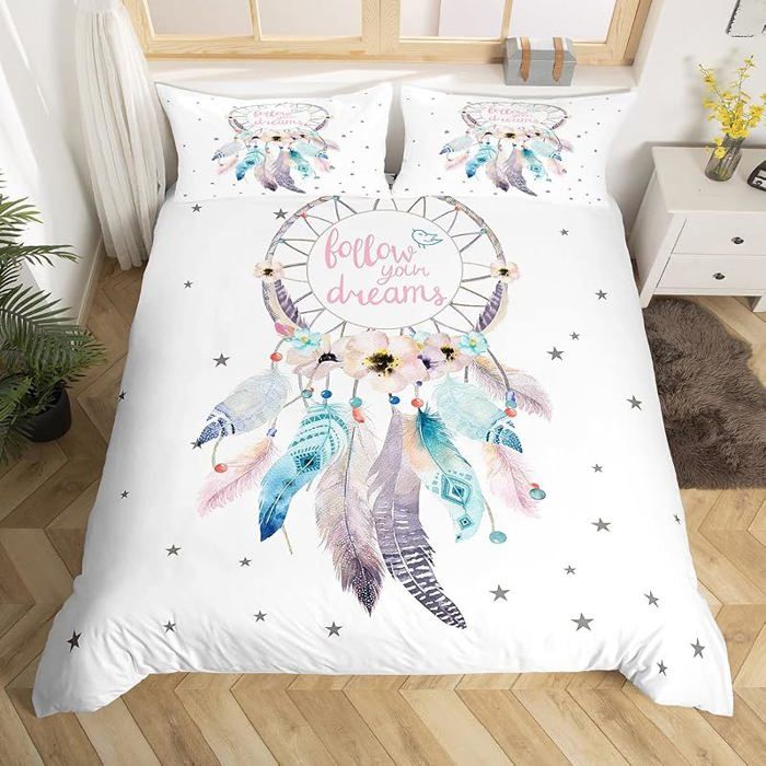 Housse de Couette 200x200 cm Fille Femme Parure de Lit Dream Catcher Motif Plumes Bohème et Fleurs Déco Chambr PARURE DE COUETTE