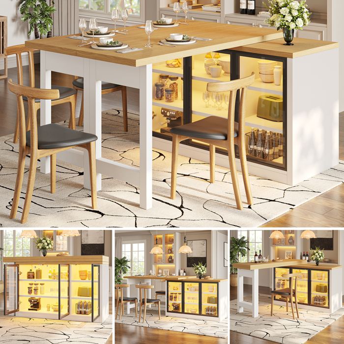 LEMLIT Îlot de Cuisine Pivotant 360° avec Table à Manger éclairage Multicolore Portes Vitrées 120-197x40x72 cm Blanc