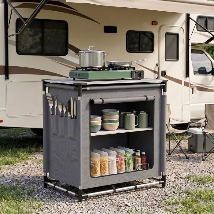 Sekey Cuisine de Camping Pliante avec Structure et Plateau en Aluminium Table de Camping Portable Gris