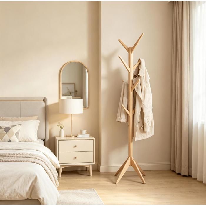 Porte-manteau sur pied en bois de pin naturel 8 crochets base triangulaire H 180 cm