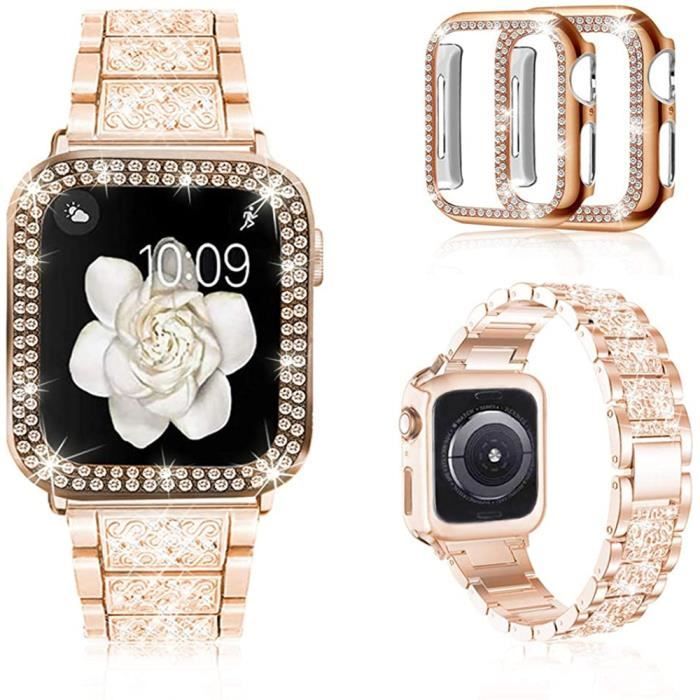 Bracelet en diamant + 2 Boîtier Apple Watch Series 7(45mm) iWatch Bracelet en métal PC Boîtier, Or rose
