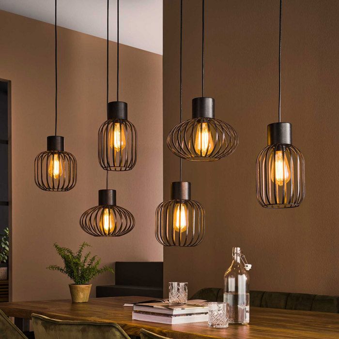 Suspension cage 6 lampes 145x28x150 cm en métal gris foncé