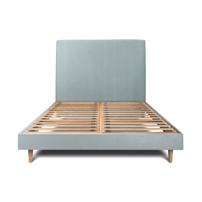Lit 150x190cm avec tête de lit tapissier velours et sommier kit Gris bleuté - Hauteur totale : 29cm