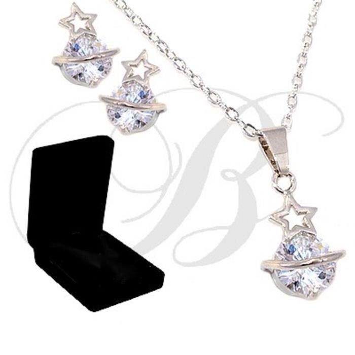 Parure Bijoux Étoile Argent 925 - Collier Et Boucles D'Oreilles Avec Zircons - Pour Femme Et Fille - Cadeau Élégant