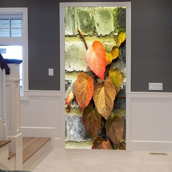 Sticker Porte Aquarelle Arbres Automne - 90x200 Cm, PVC - Autocollant Mural Amovible, Décoration Salon/chambre - 12