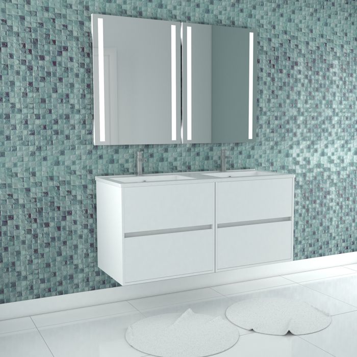 Meuble Salle de Bains 120 cm Laqué Blanc 4 Tiroirs Vasque Miroirs 60x80 à Leds intégrées - XENOS